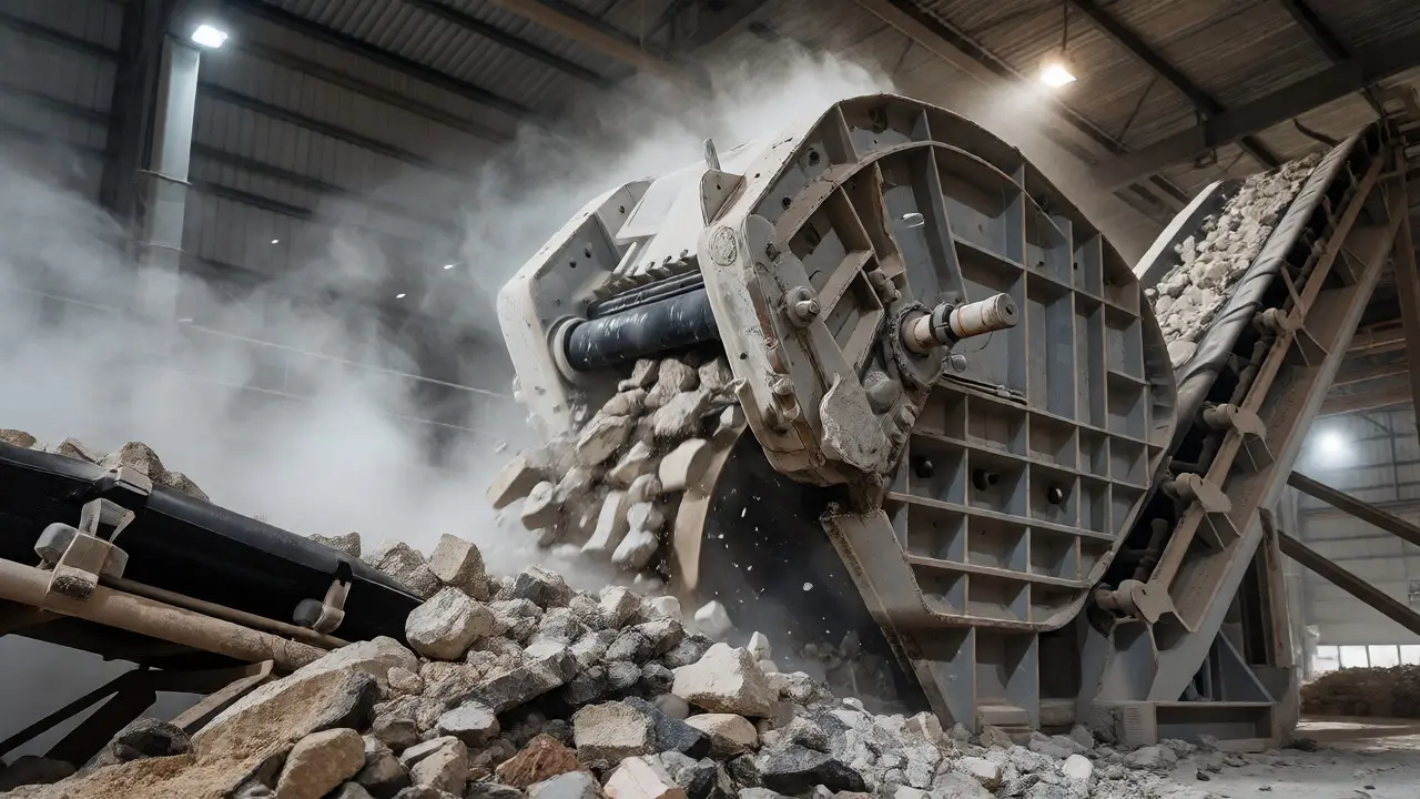 Betonabbruch wird in einer Brecheranlage zerkleinert