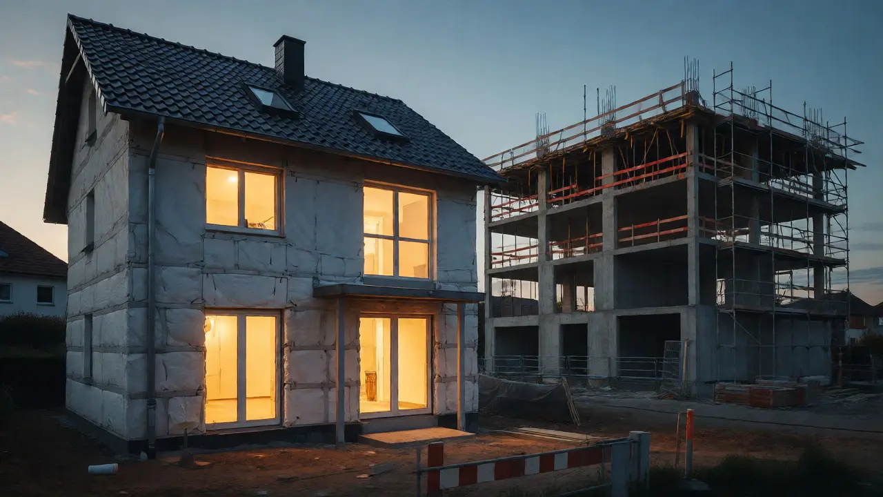 Fertiges Bestandshaus im Vordergrund gegenüber unfertigem Rohbau im Hintergrund