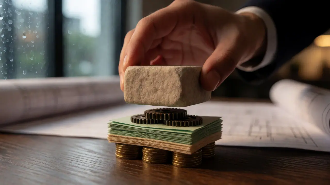 Hand platziert einen Steinblock auf eine balancierte Schichtung aus Gold und Papier als Metapher für Asset-Allokation
