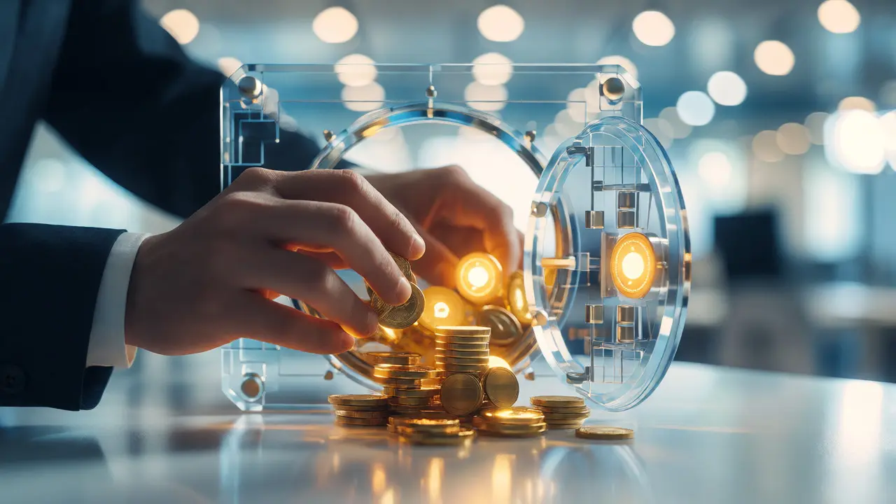 Hände legen Goldmünzen in einen offenen Banksafe als Symbol für Eigenkapital.