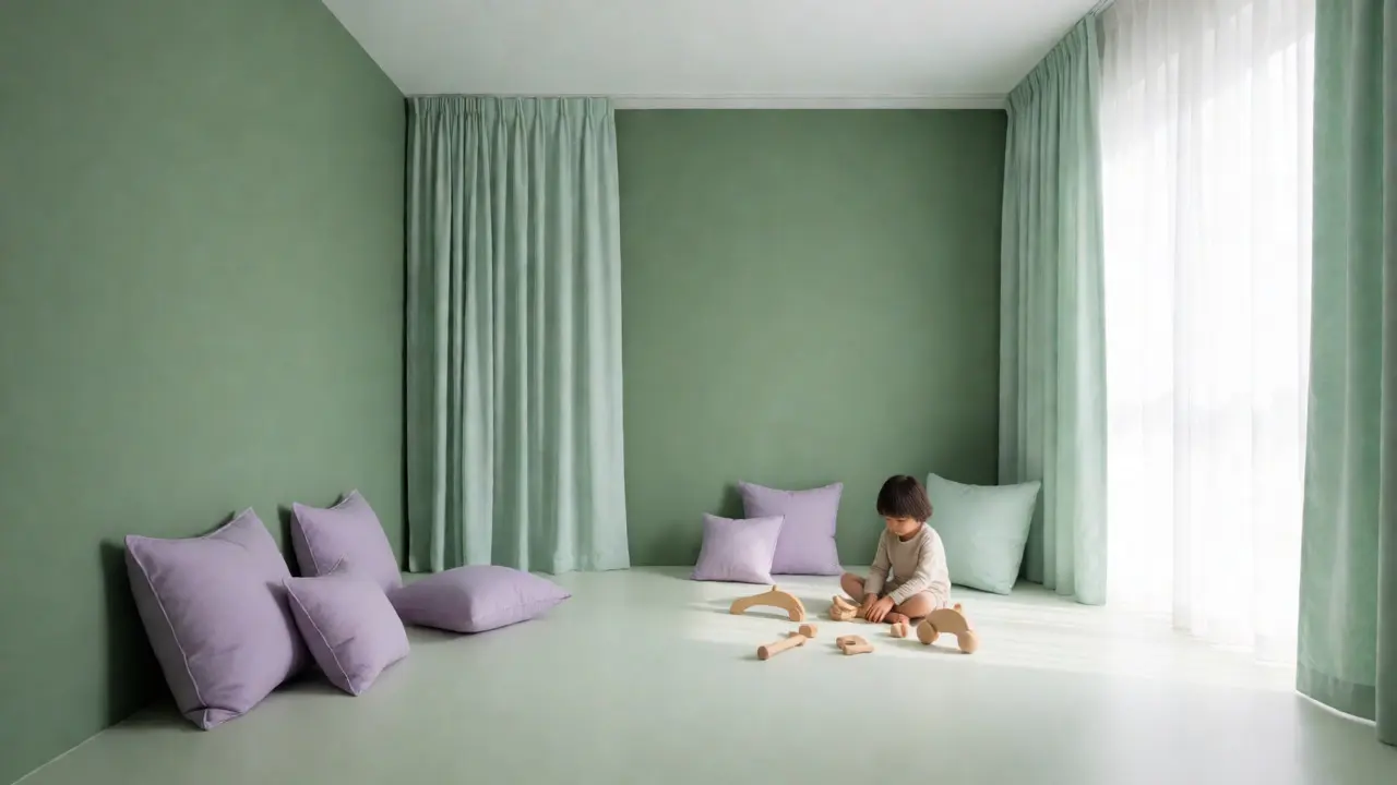 Harmonisches Zimmer in Salbeigrün mit austauschbaren Accessoires für zeitlose Gestaltung.