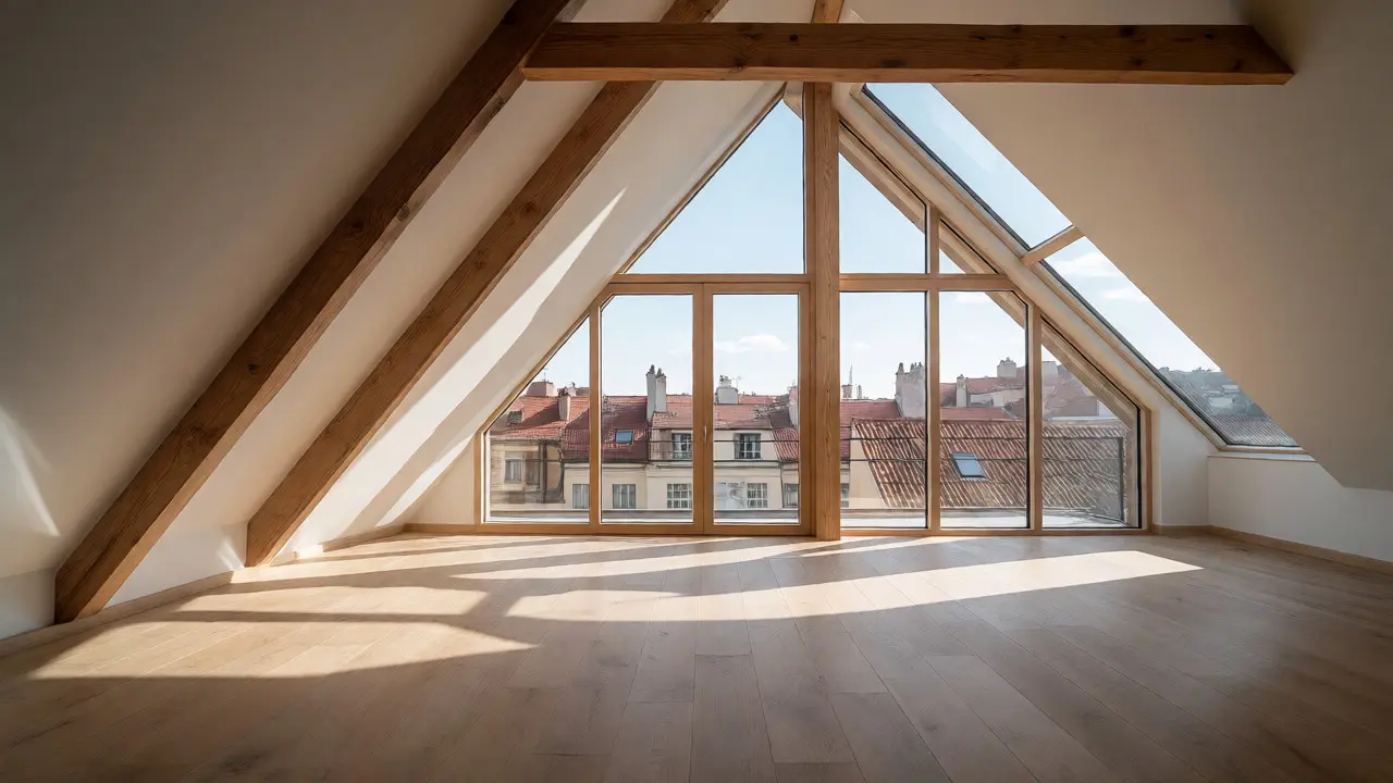 Helles, modernes Loft-Wohnzimmer im ausgebauten Dachgeschoss