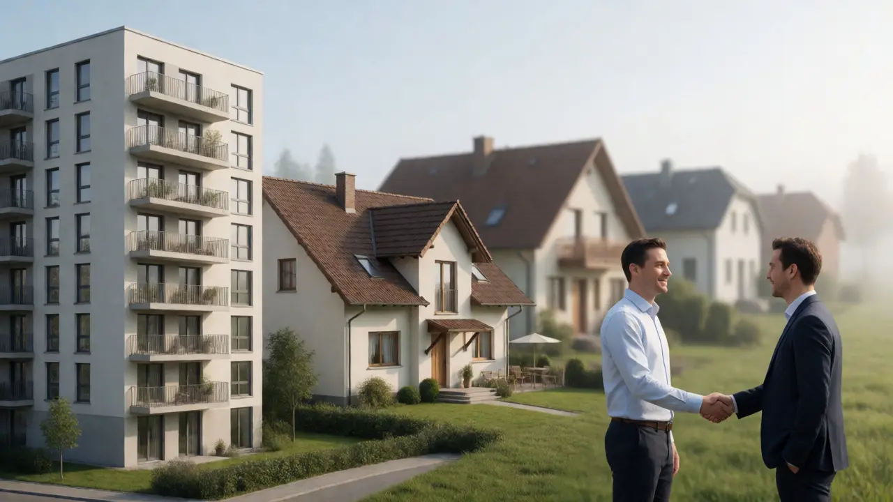 Immobilienmakler schüttelt Käuferhände vor verschiedenen Immobilientypen im klaren Tageslicht.