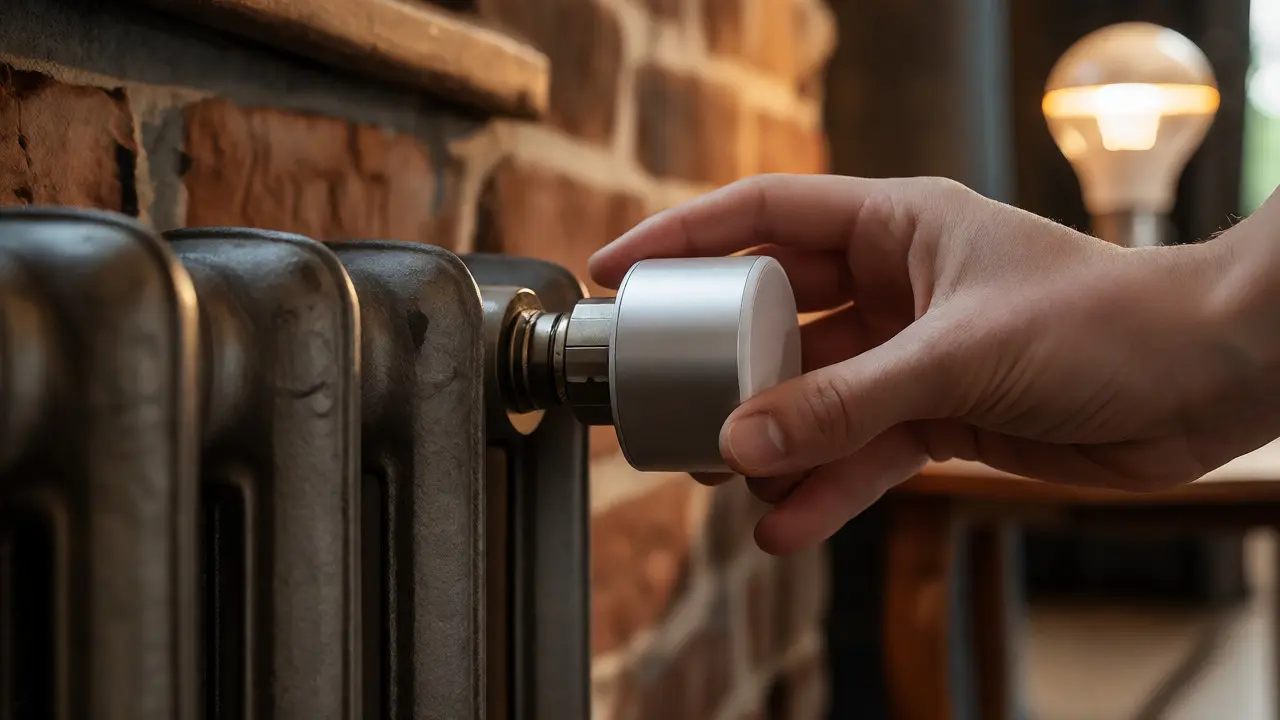 Installation eines smarten Thermostats auf einem alten Heizkörper in einem Wohnzimmer.