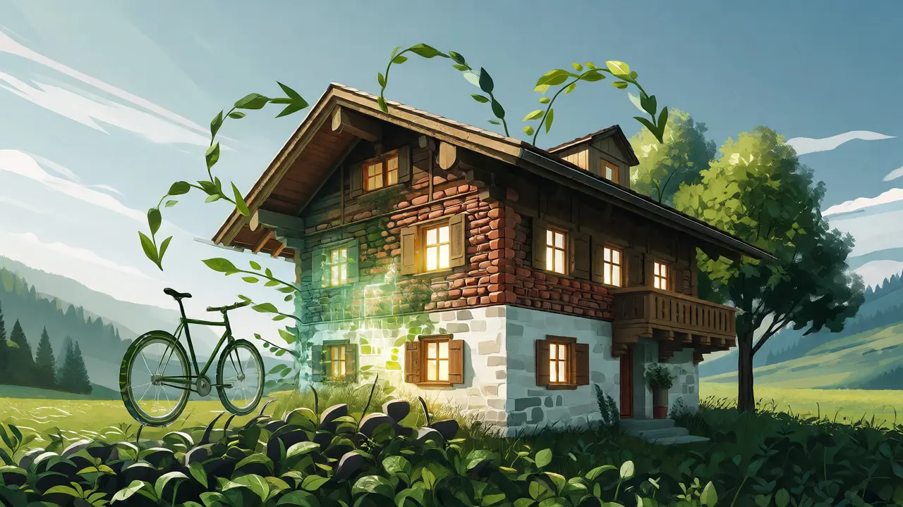 Konzeptillustration eines Hauses im Kreislauf der Natur mit recycelten Materialien und Pflanzen.