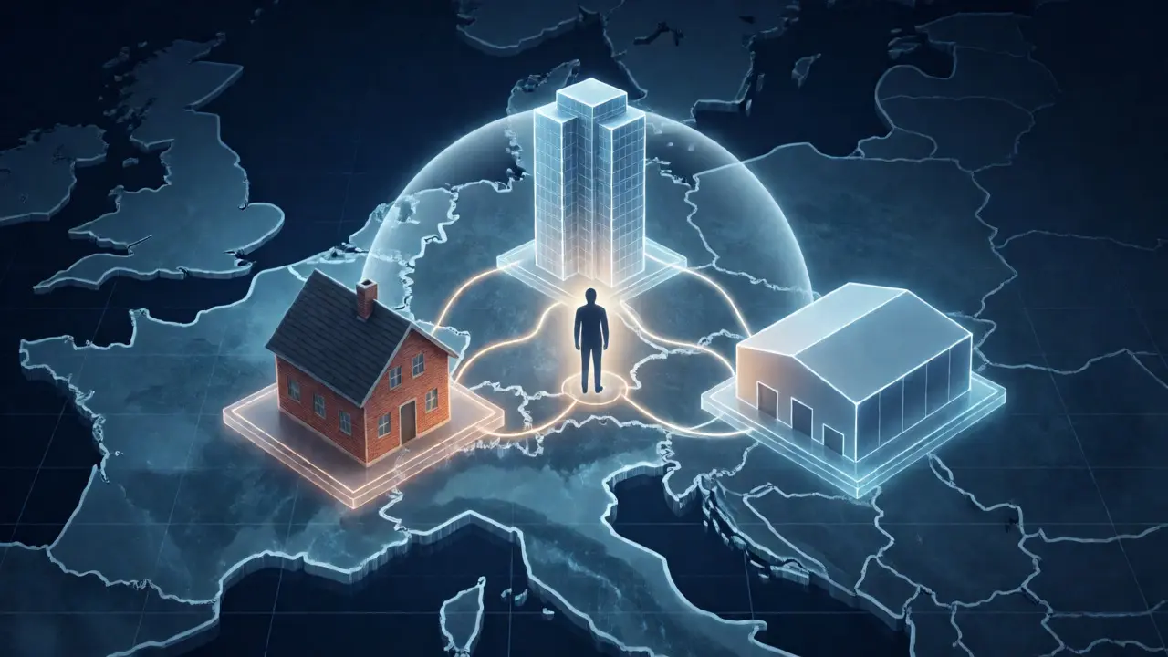 Konzeptionelle Darstellung der geografischen und typologischen Immobilien-Diversifikation über Mitteleuropa