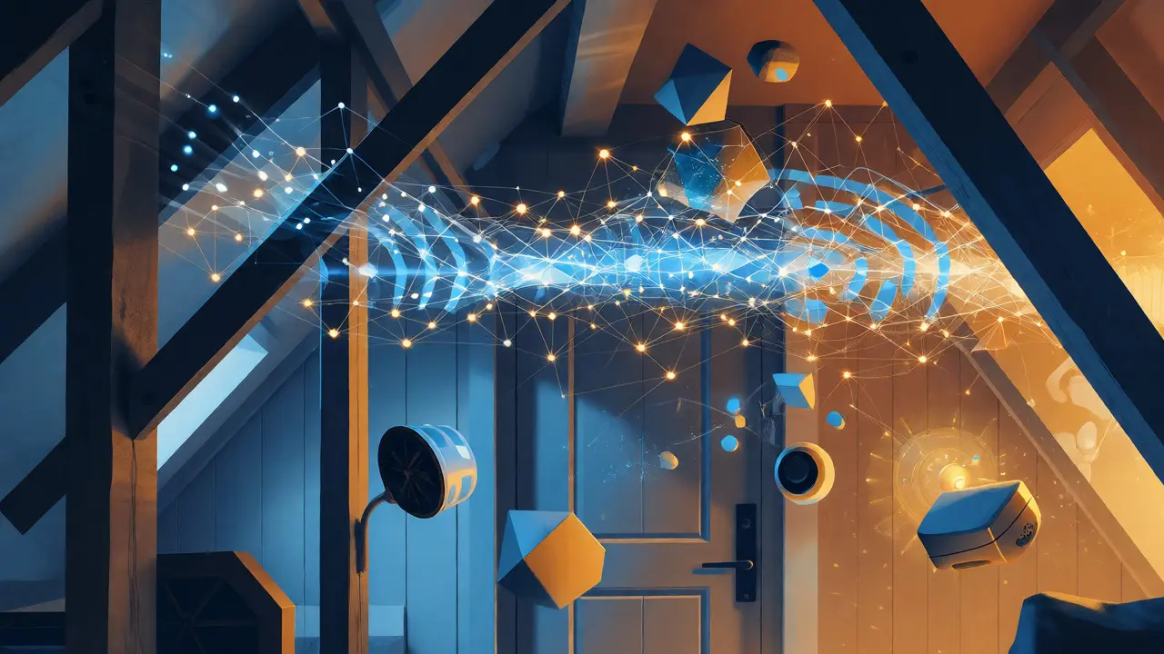 Konzeptionelle Darstellung von Funknetzwerken und Smart-Home-Komponenten in einem Dachzimmer.