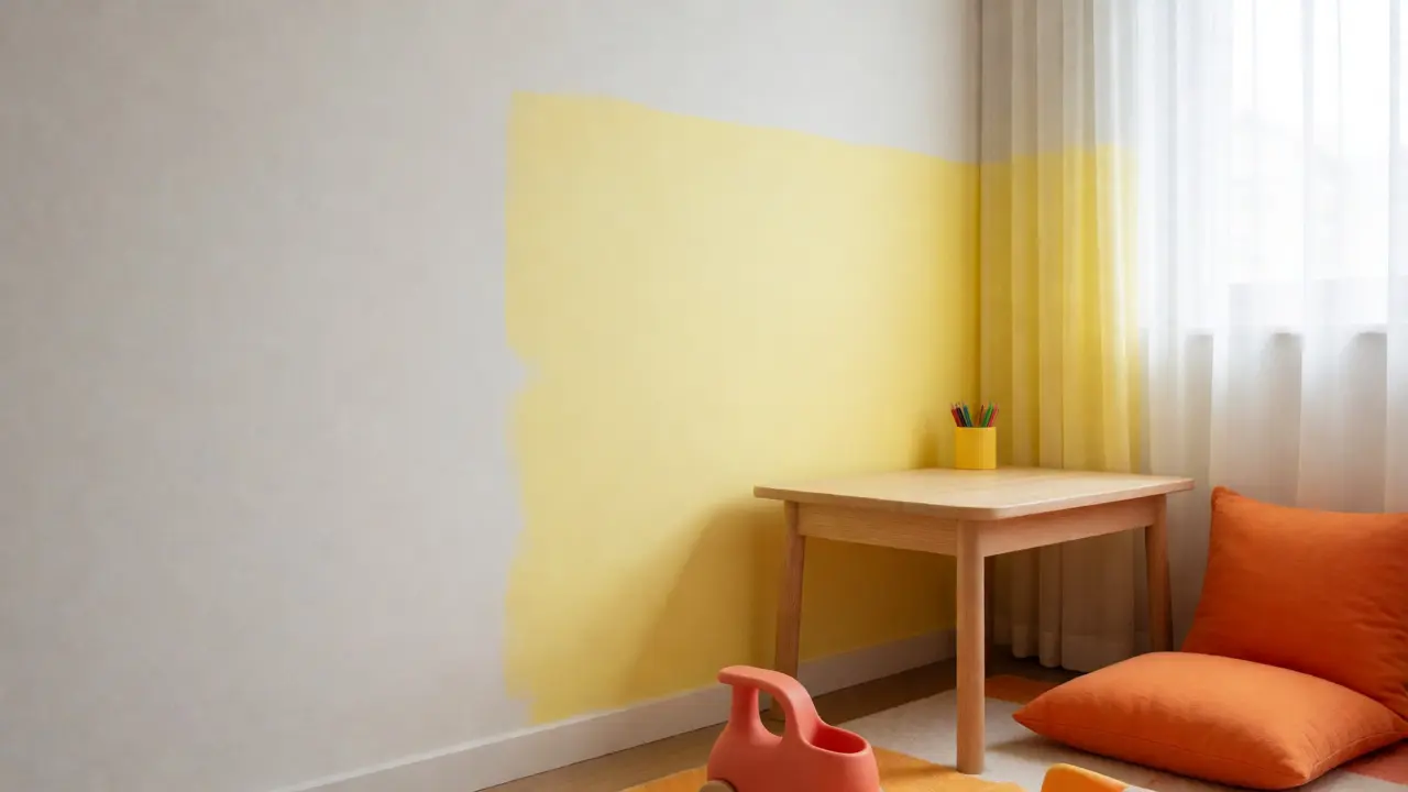 Kreativer Spielecke mit gelben Akzenten und orangefarbenen Details zur Anregung der Fantasie.