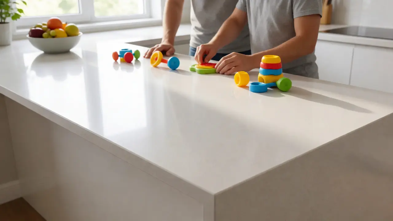 Moderne Küche mit robuster Quarzkomposit-Arbeitsplatte und Spielzeug