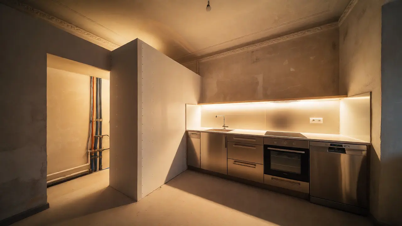Moderne Küche mit verdeckter Technik in renoviertem Altbau mit hoher Decke