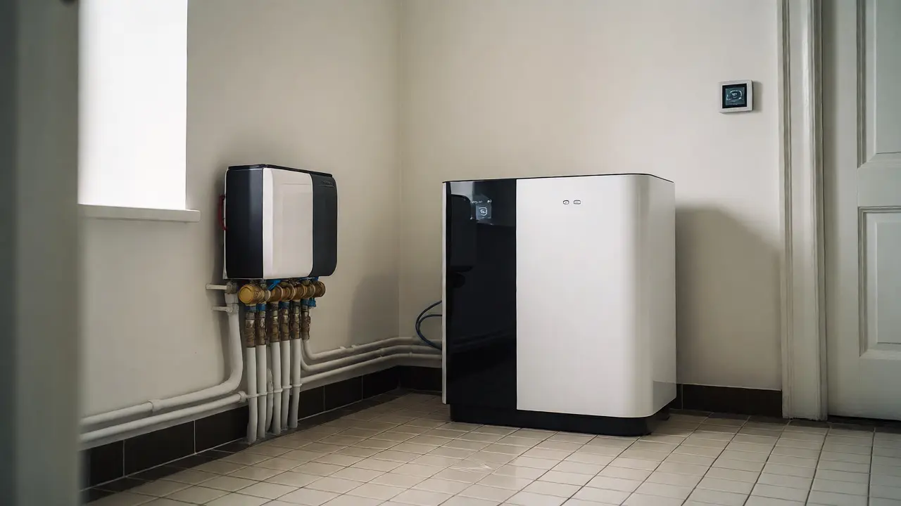 Moderne Wärmepumpe und Heizungsverteiler im renovierten Bad