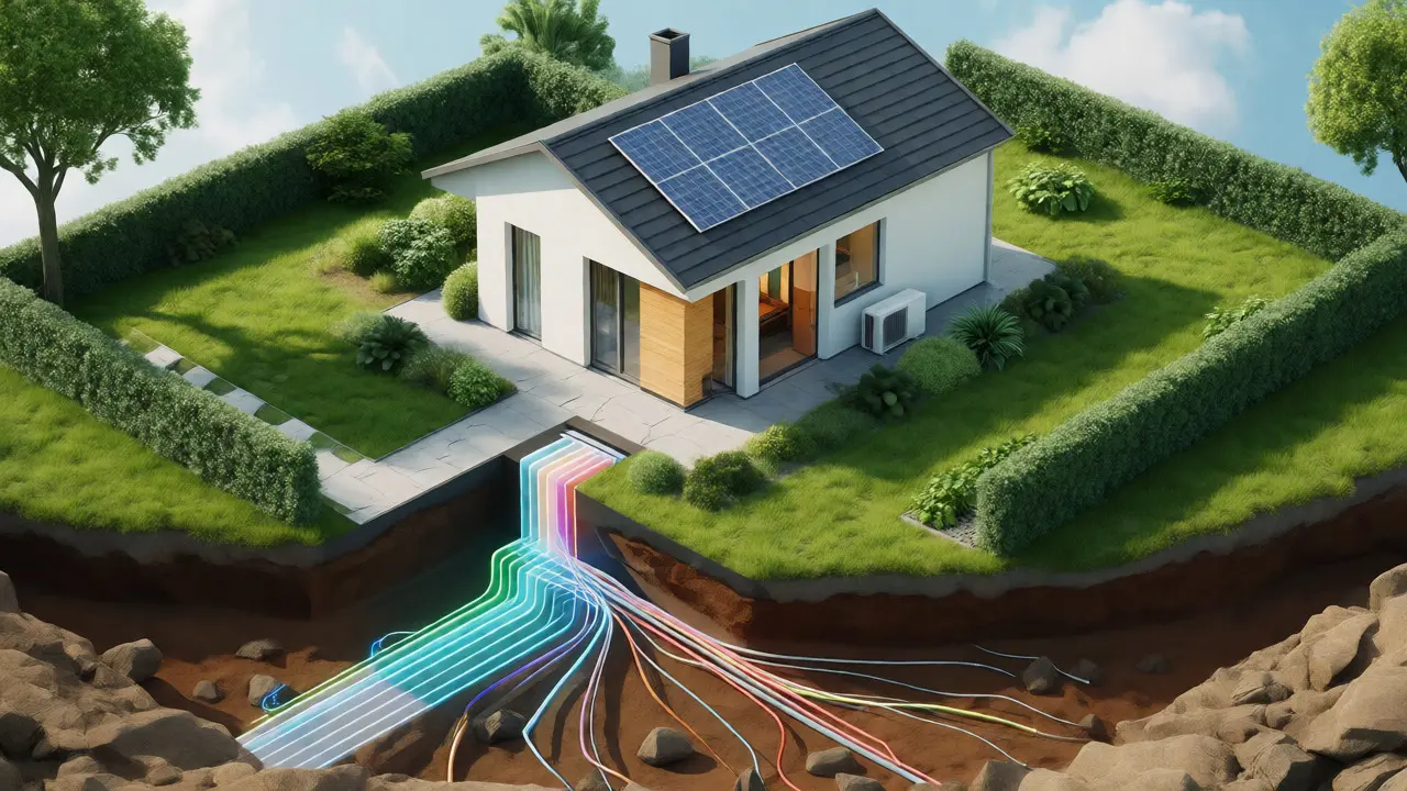 Modernes Haus mit Wärmepumpe und gebündelten unterirdischen Anschlüssen