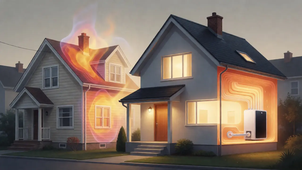 Vergleich eines unsanierten Hauses mit Wärmeverlust und eines sanierten, energieeffizienten Hauses.