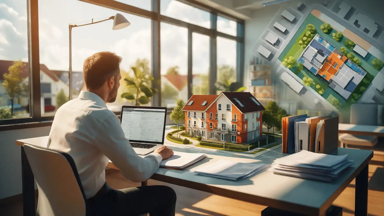 Architekt prüft digitales Wohnbauprojekt am hellen Arbeitsplatz