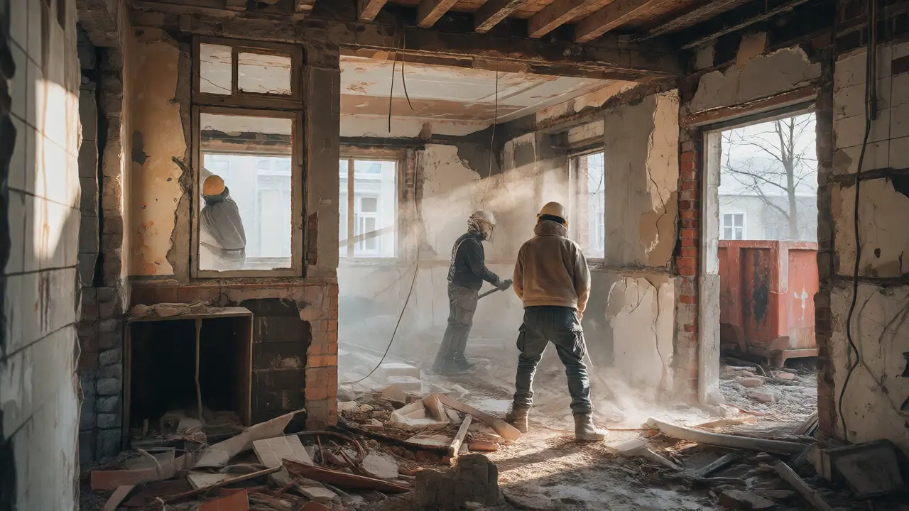 Baustelle während der Entkernung mit freigelegten Wänden und Bauschutt.