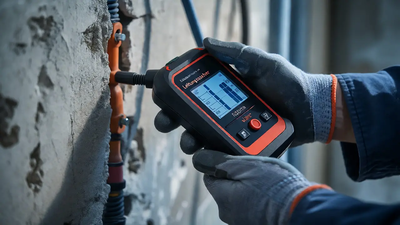 Ein Fachmann ortet versteckte Leitungen mit einem elektronischen Detektor an der Wand.