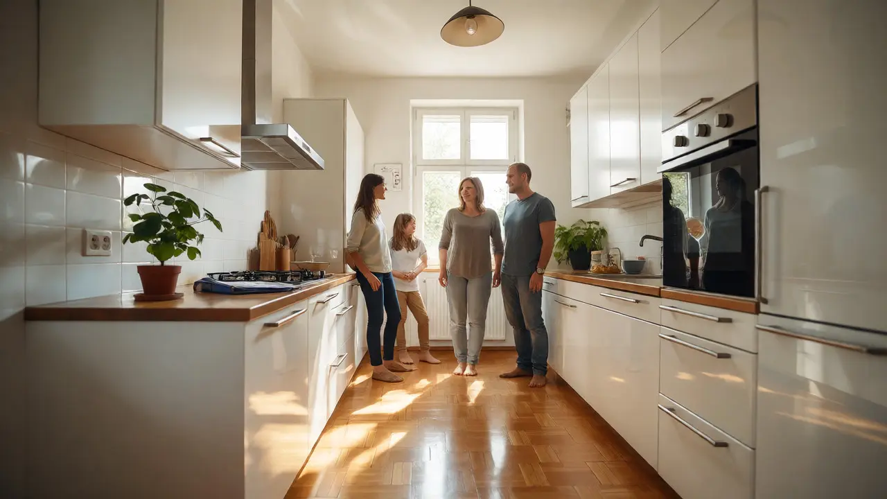 Fertige moderne Küche mit Familie; symbolisiert erfolgreich geplante Renovierung.