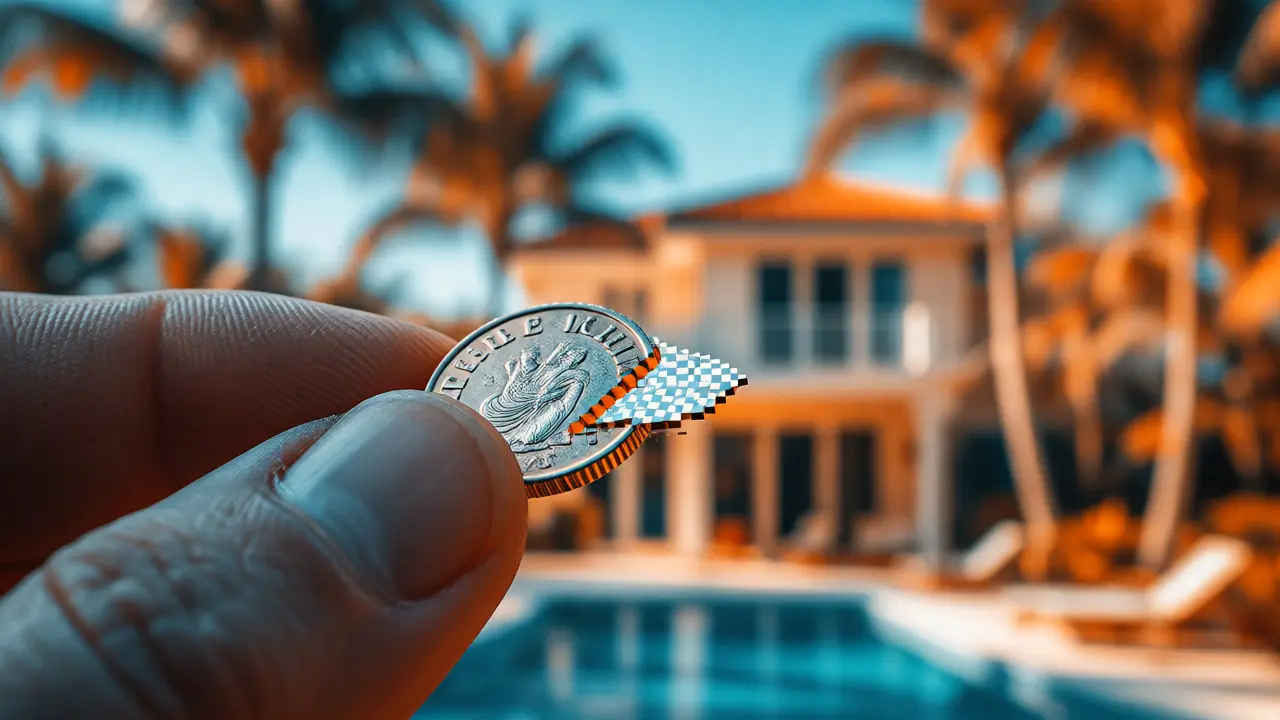 Goldmünze vor unscharfer Villa in Florida mit visuellem Währungsverlust