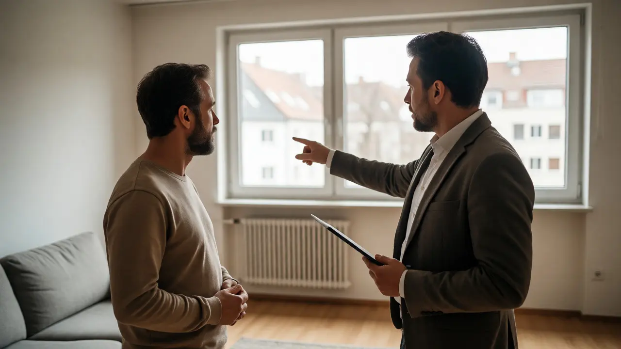 Gutachter diskutiert mit Eigentümer die Immobilienbewertung im Wohnzimmer.