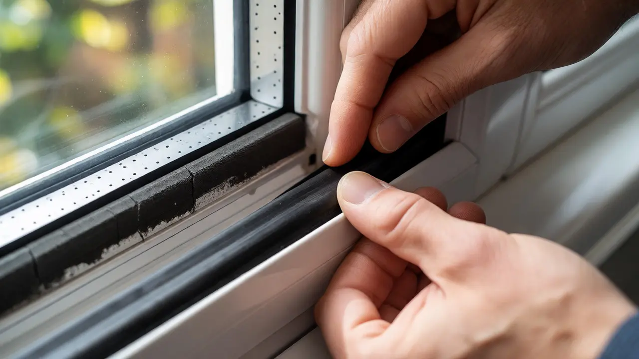 Hände setzen neue Gummidichtung in den Fensterrahmen ein