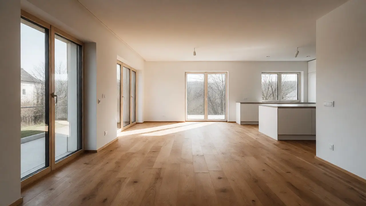 Heller, modern renovierter Wohnraum mit Parkett und großen Fenstern.