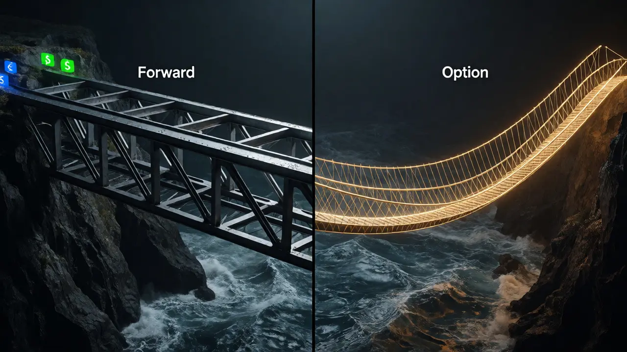 Konzeptbild: Stählerne Brücke für Forward vs. flexible Goldbrücke für Option