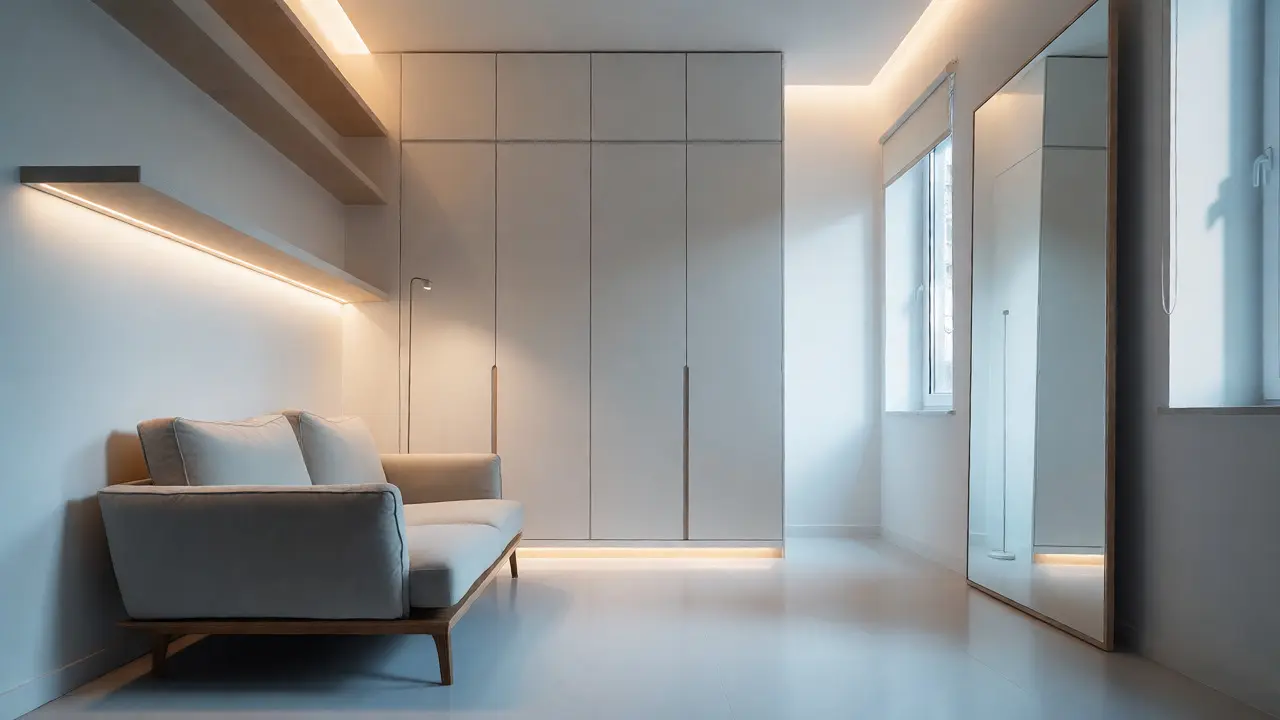 Minimalistisches Zimmer mit schwebenden Möbeln und großem Spiegel