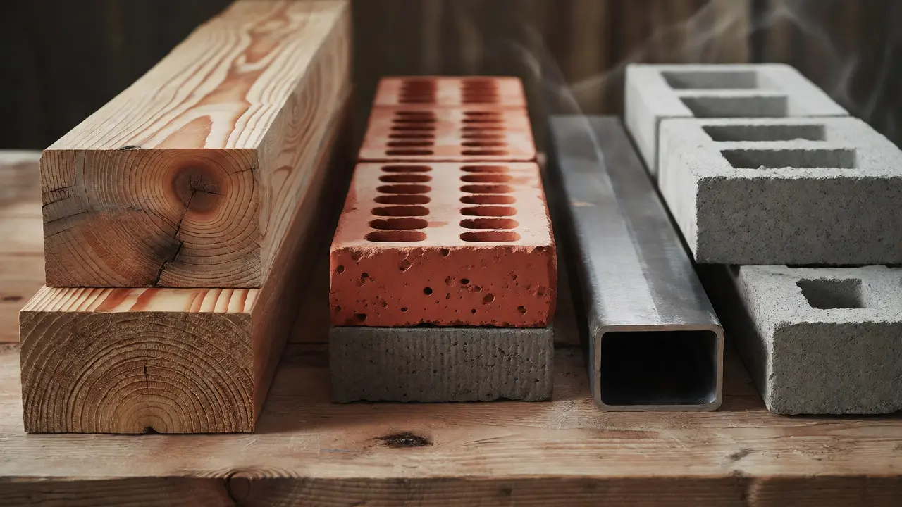 Nahaufnahme von Baumaterialien wie Holz, Ziegel, Beton und Stahl auf einer Werkbank
