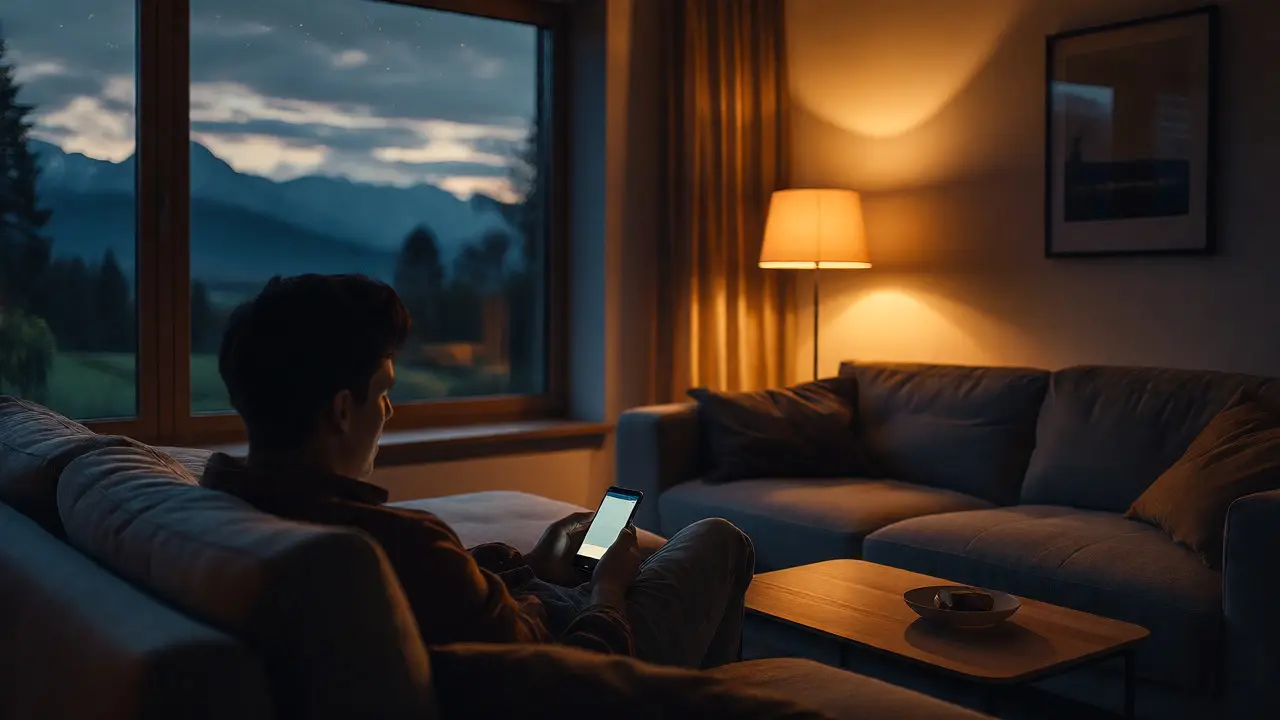Person entspannt auf dem Sofa mit steuerbarer smarter Beleuchtung am Abend.