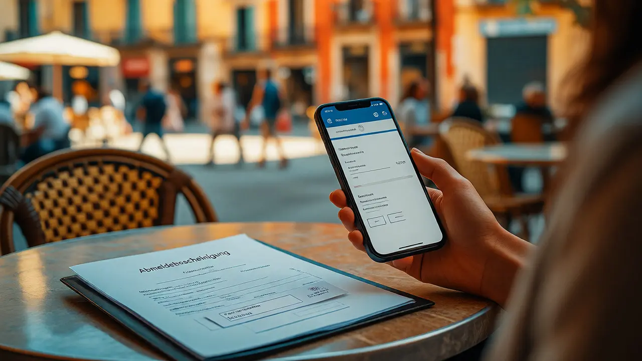 Person im Café in Barcelona prüft digitale Abmeldebestätigung