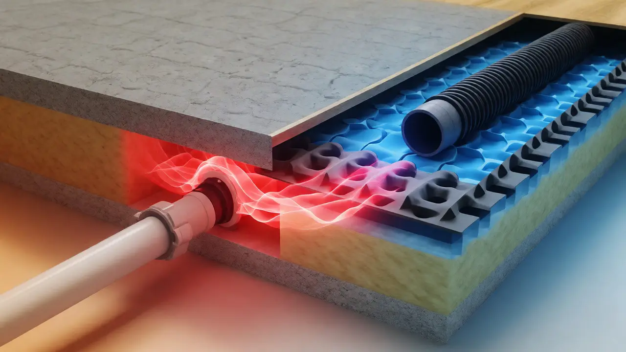 Querschnitt durch Bodenplatte zeigt Entkopplung von Vibrationen