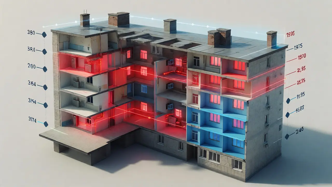 Querschnitt eines Altbaus mit roten und blauen Zonen zur Visualisierung der Modernisierung