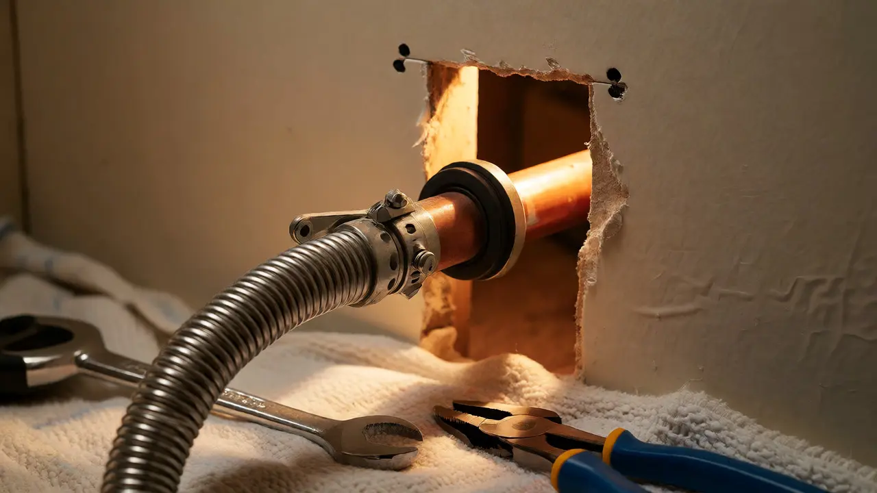 Reparatur einer Wasserleitung im Hohlraum der Wand mit einer flexiblen Klemme.