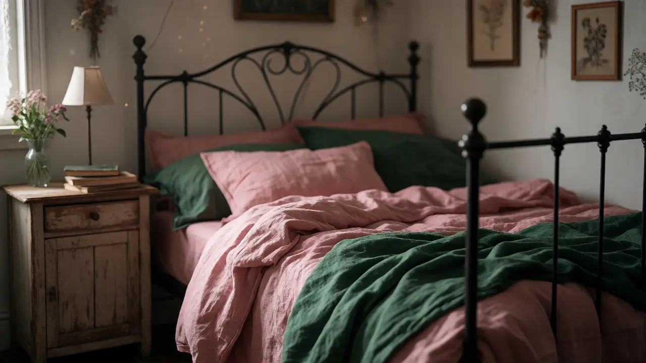 Romantisches Schlafzimmer mit Schmiedeeisenbett und natürlichen Textilien