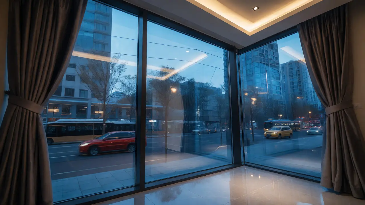 Ruhiges Wohnzimmer mit dreifach verglastem Fenster und schweren Vorhängen