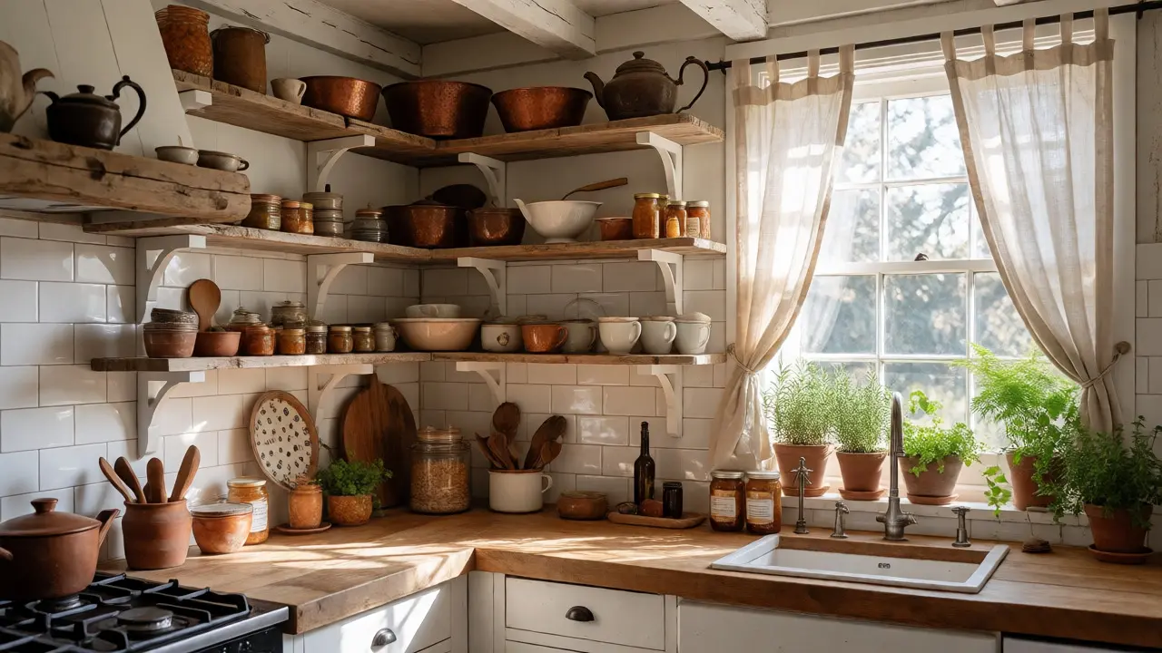 Rustikale Küche mit offenen Holzregalen und Vintage-Dekoration