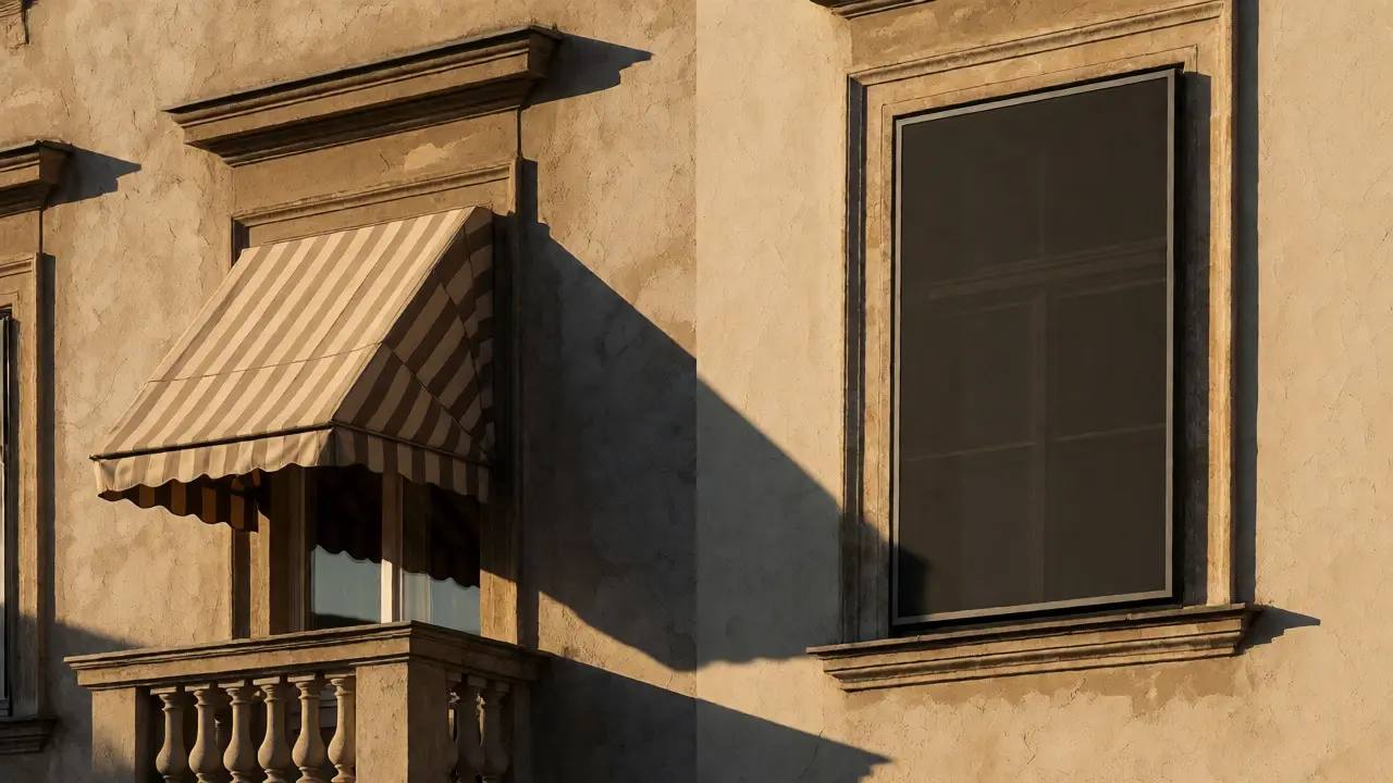 Vergleich zwischen klassischer Markise und modernem Fenster-Screen an einer Fassade.