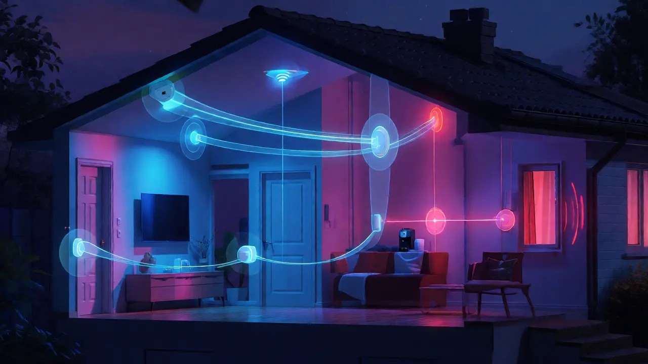 Visuelle Darstellung der Vernetzung von Smart-Home-Geräten im Hausquerschnitt.
